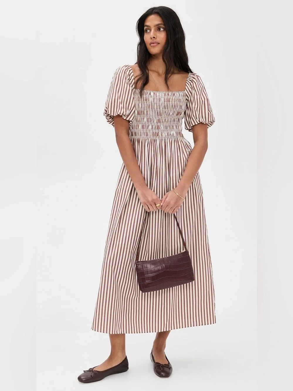 Hill House Julia Nap Dress | Rust Stripe | Cotton Midi | Smocked | Size S - Picture 2 of 12